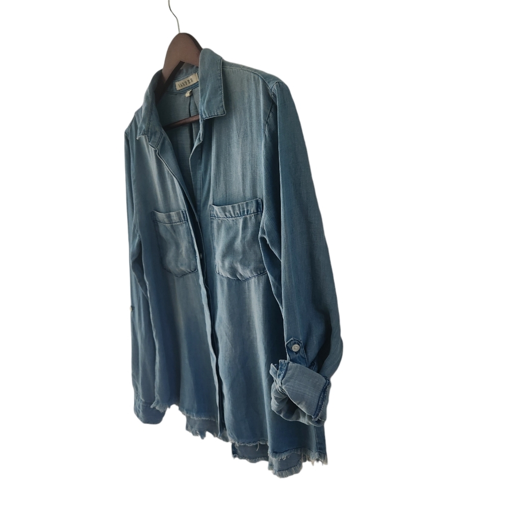 Harper Chambray Button Front Split Back Roll Tab … - image 4